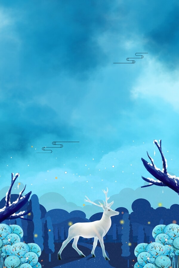 蓝色树林羚羊寒露节气背景素材
