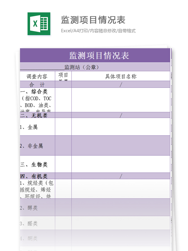 監(jiān)測(cè)項(xiàng)目情況表excel模板