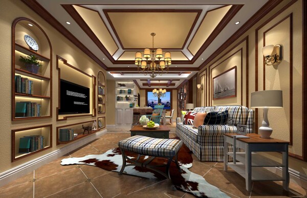 欧式轻奢客厅素色条纹沙发室内装修效果图