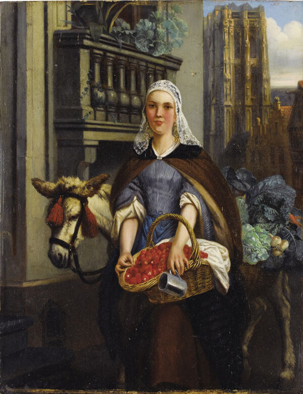 油画女人与马图片