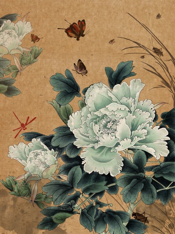 中国风复古水墨做旧牡丹蝴蝶嬉戏图
