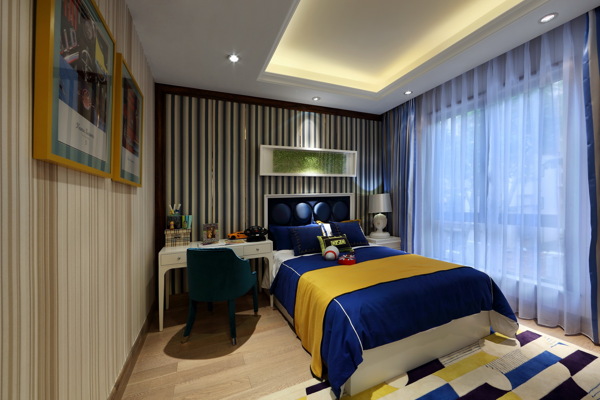 现代时尚卧室蓝色薄纱窗帘室内装修效果图
