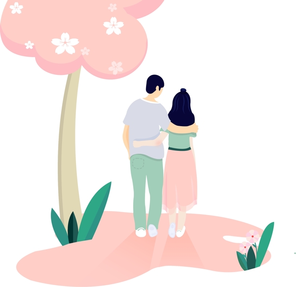 樱花树下浪漫散步的情侣情人节设计素材