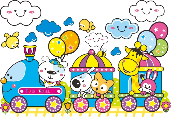 卡通火车和小动物插画矢量素材