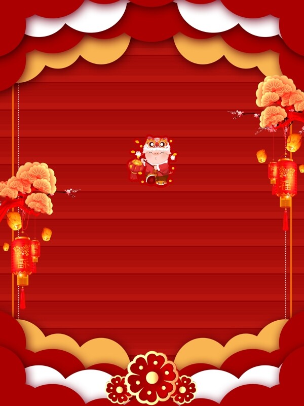 剪紙風豬年喜慶新春背景設計