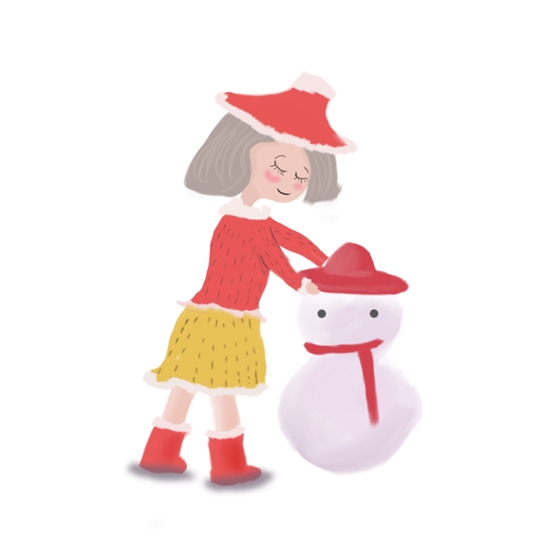 冬天堆雪人的女孩清新唯美設(shè)計可商用元素