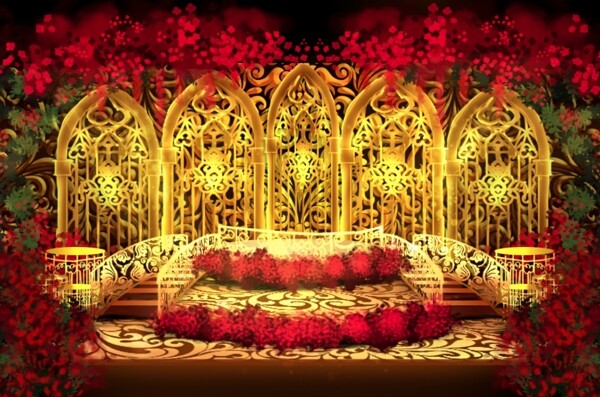 欧式金红色拱门婚礼手绘婚礼效果图