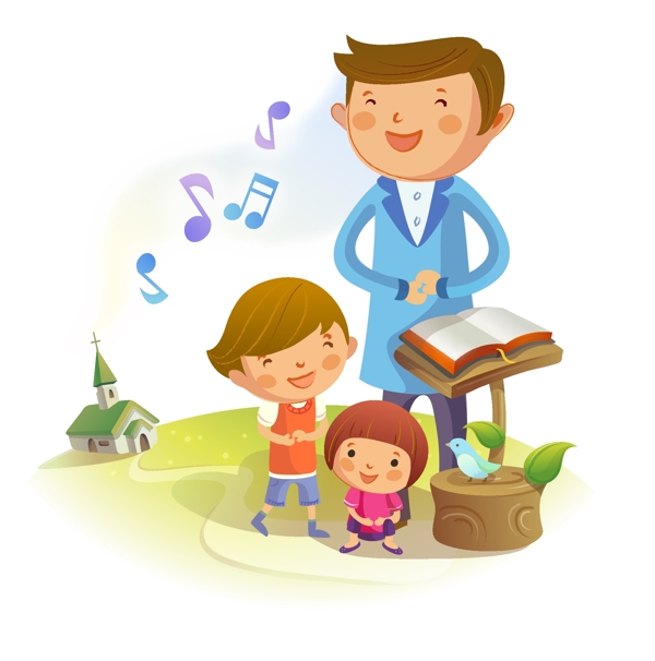 卡通爸爸和孩子们上音乐课图片