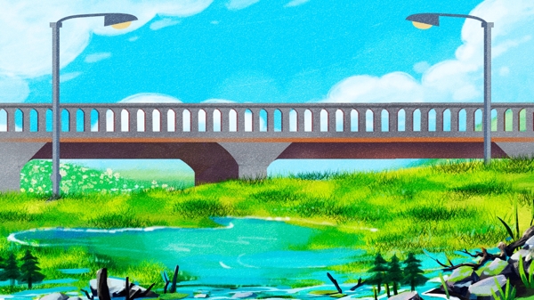 立夏节气高架桥草地池塘背景设计