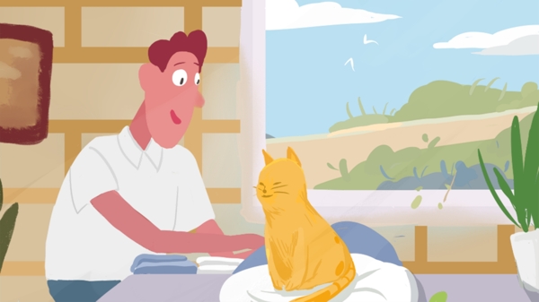 宠物猫与主人原创插画