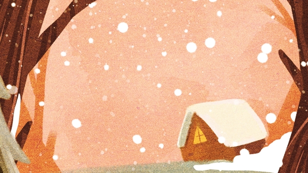 彩绘冬天树林雪屋插画背景