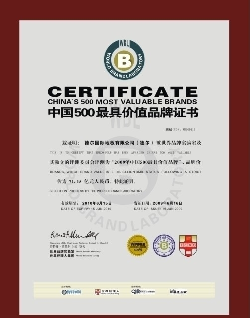 德尔地板2009中国品牌500强证书图片
