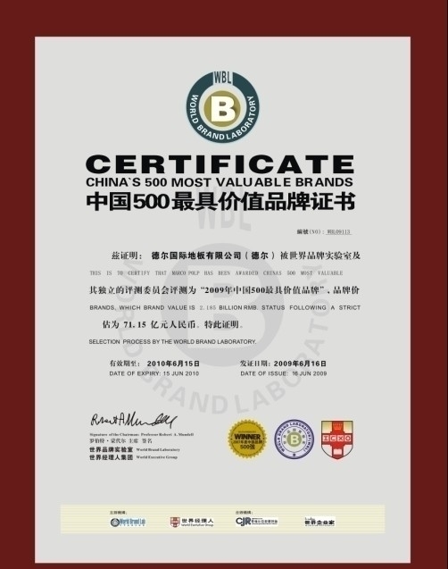 德爾地板2009中國品牌500強(qiáng)證書圖片