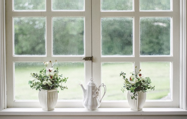 白色的窗户窗台上的花和窗外