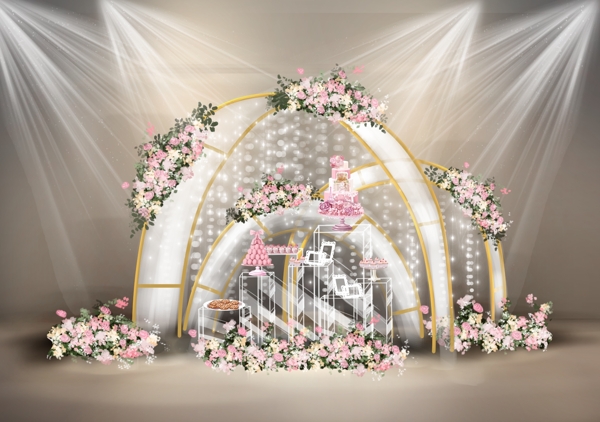 香槟金色简约婚礼中庭展示甜品台效果图