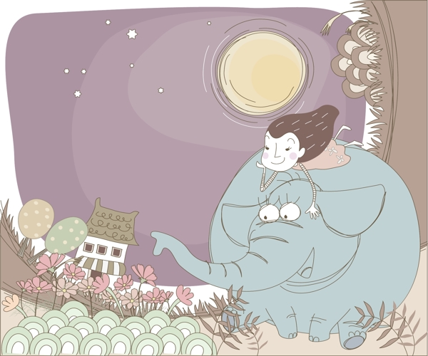 女孩大象矢量素材