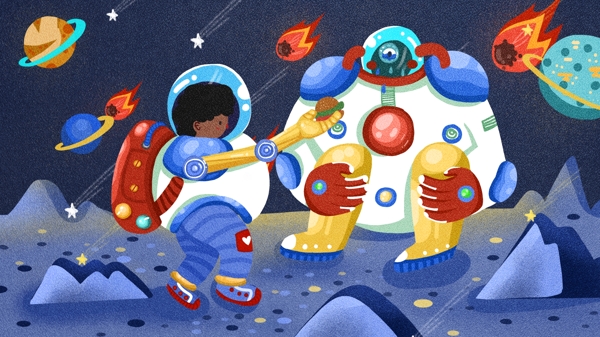 宇宙探险机器人和太空人相遇故事性插画