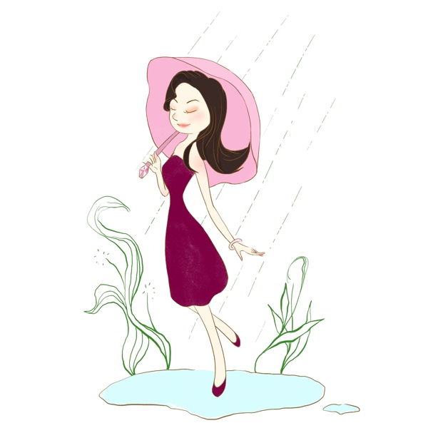 打伞的女人下雨天手绘