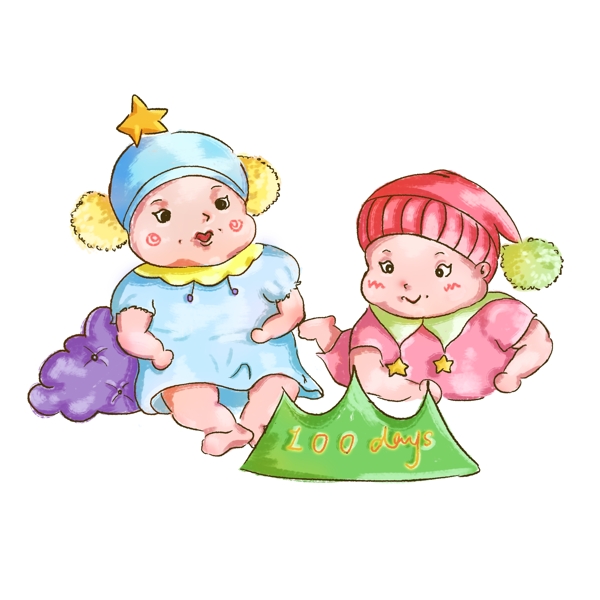 百日宴小婴儿双胞胎龙凤胎蓝色粉色黄色插画