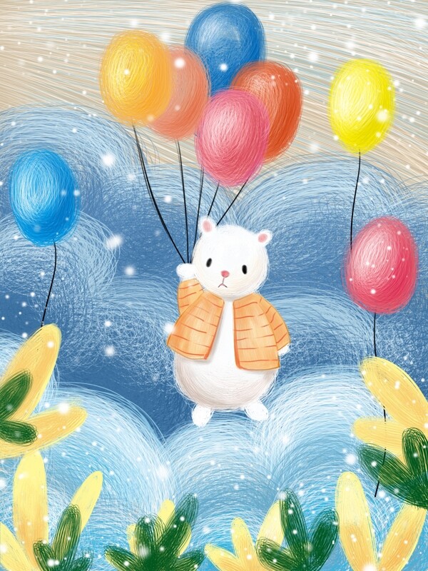 萌宠可爱的小白熊放气球插画