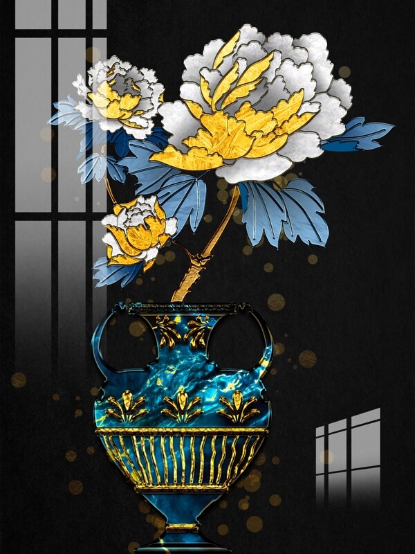 抽象珐琅彩金色花瓶牡丹装饰画