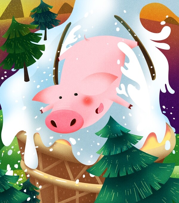 冬季滑雪场地小猪欢乐滑行