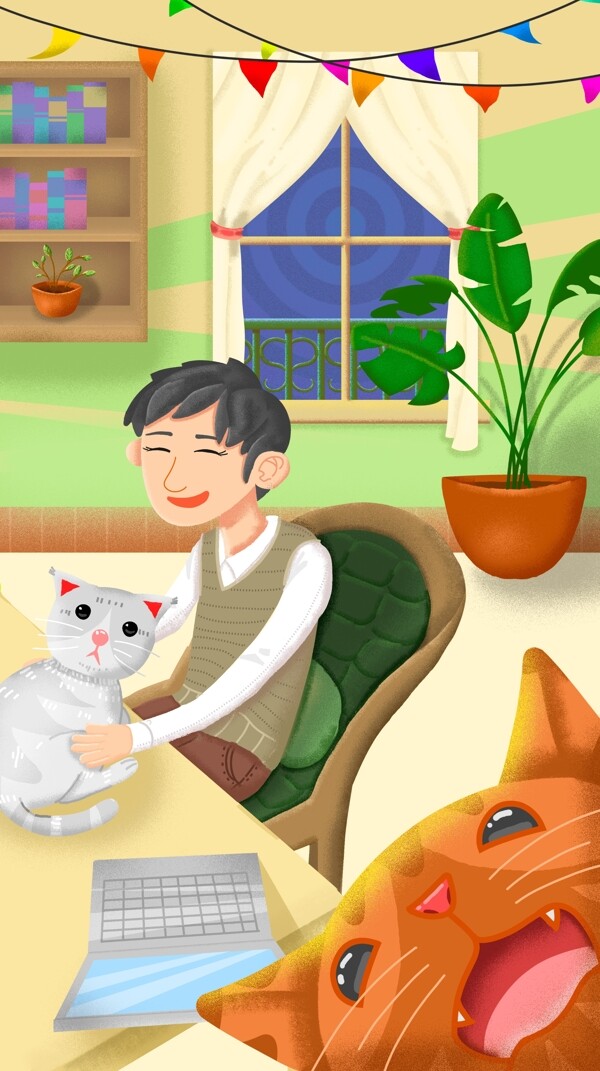 绿色谷歌肌理室内萌宠猫咪男孩撸猫插画
