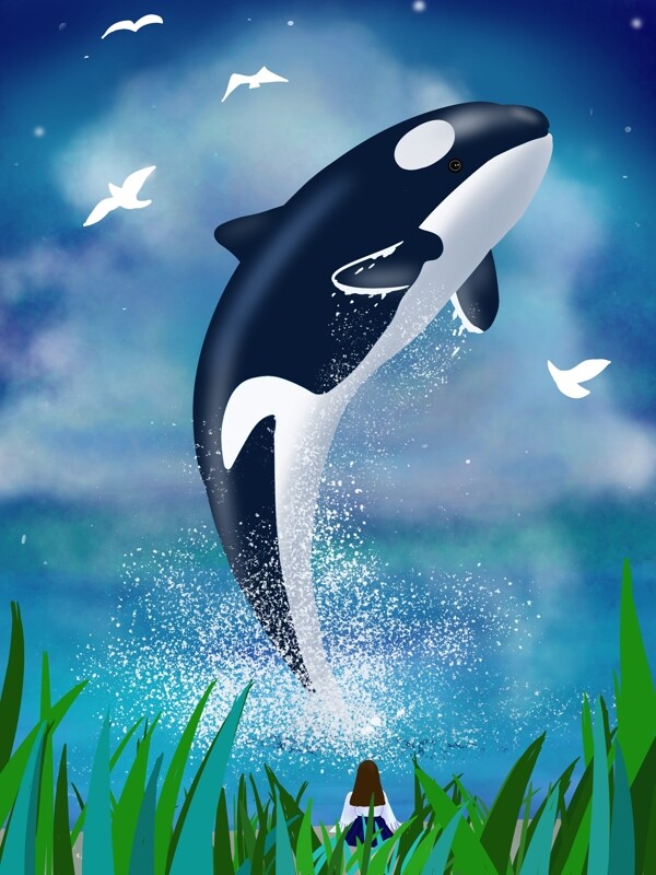 海蓝时见鲸手绘插画