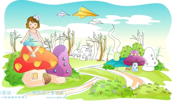 兒童線條插畫小孩游玩卡通童話韓國花紋時(shí)尚花紋底紋矢量素材矢量圖片HanMaker韓國設(shè)計(jì)素材庫
