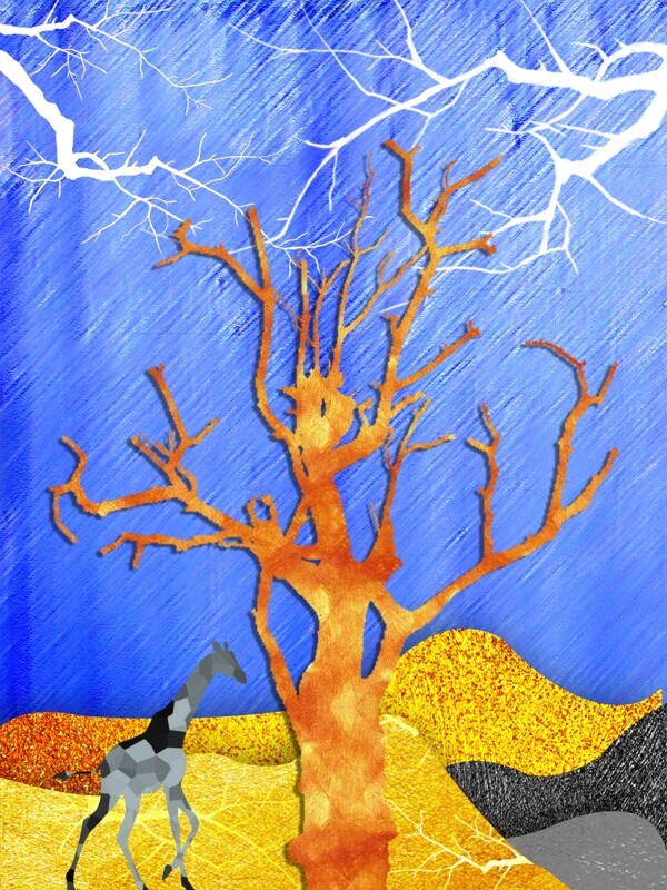 抽象橘黄色块树客厅装饰画