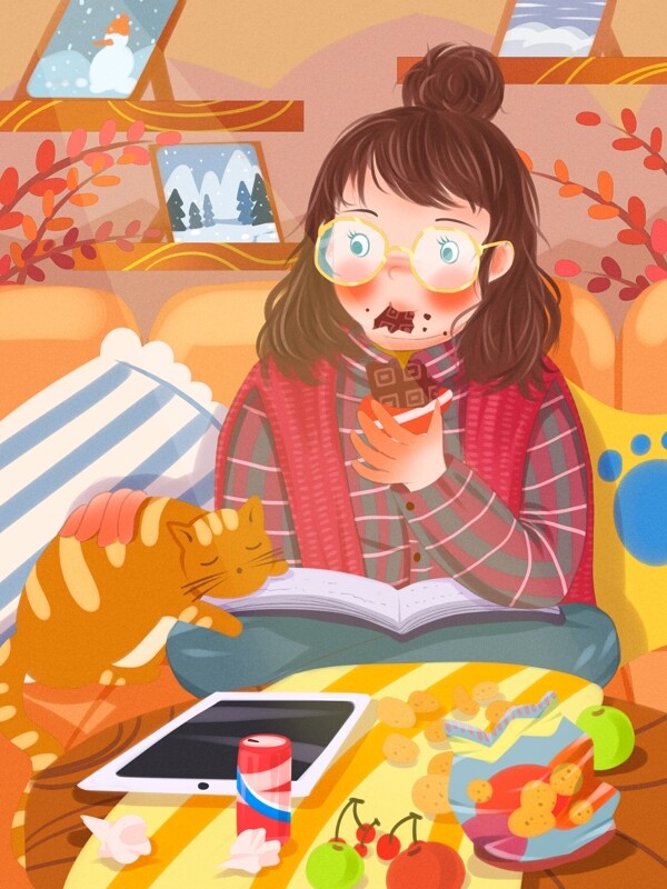 肥宅冬季快乐时光宅在家里吃喝看书原创插画