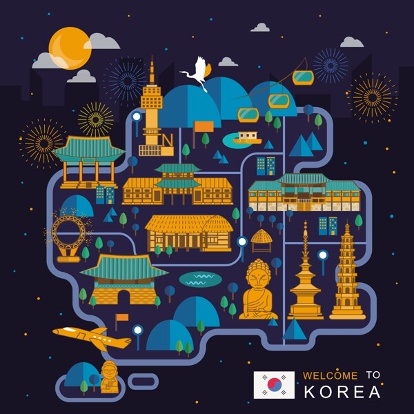 韩国夜晚旅行地标美食手绘地图