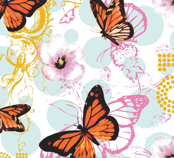 印花矢量图动物蝴蝶优雅植物花朵免费素材