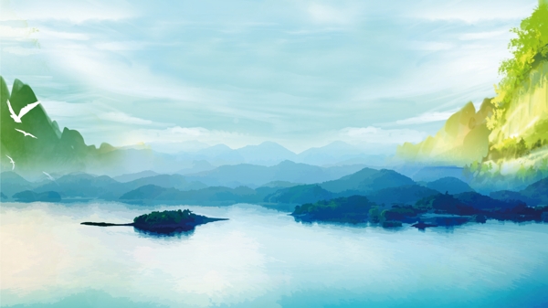 彩繪千島湖風(fēng)景背景設(shè)計