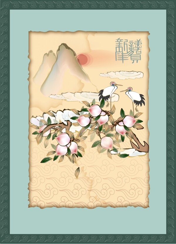 仙鶴壽桃國(guó)畫(huà)矢量圖圖片