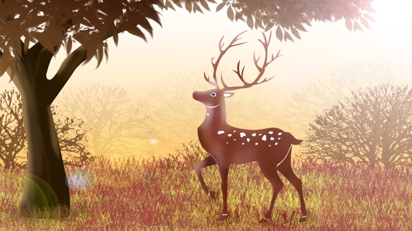 原创手绘插画森林与鹿一头鹿站在树底下凝望