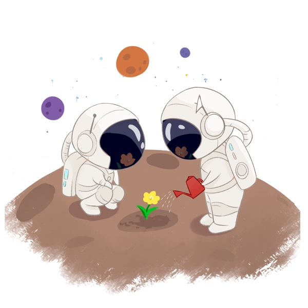 在外星浇花的两个宇航员