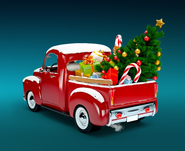 载满圣诞物品的红色汽车图片