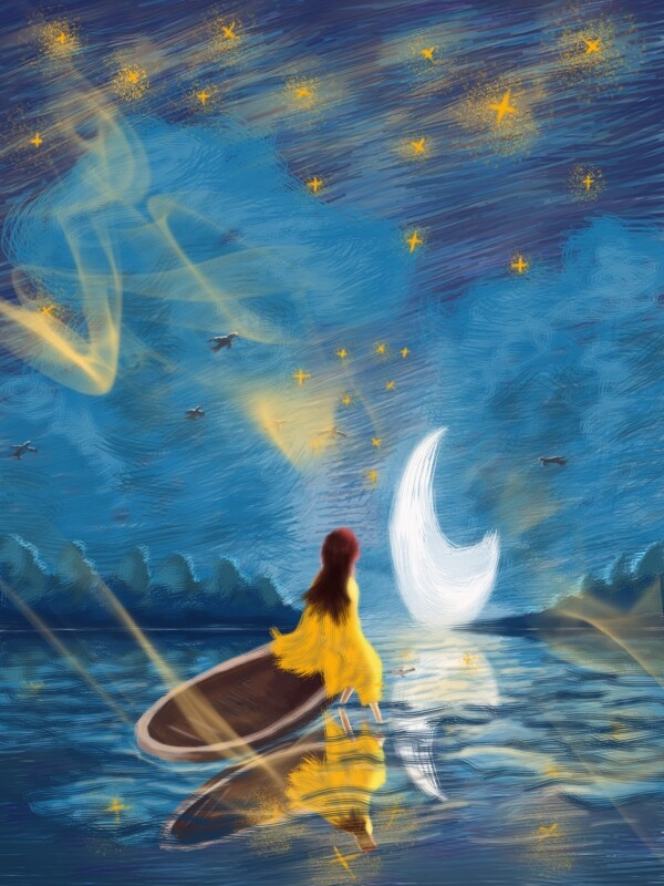 奇妙星空线圈女孩乘船飘向月亮