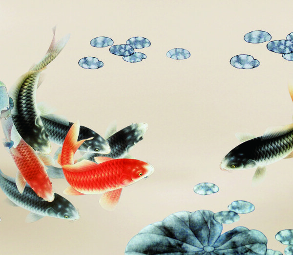 中国风鲤鱼戏水水彩墨装饰画