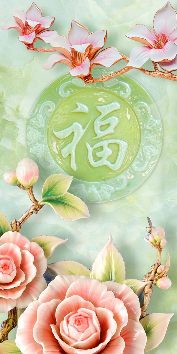 玉雕玉石花開(kāi)富貴玄關(guān)背景墻