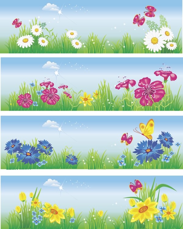 爭(zhēng)奇斗艷鮮花彩蝶橫幅矢量素材