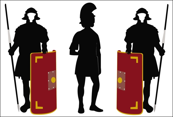身穿盔甲手拿盾牌的古代武士剪影矢量素材