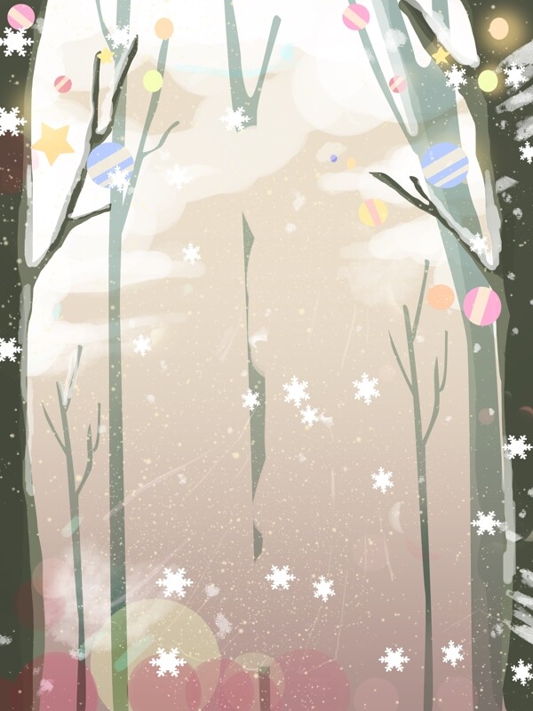 唯美彩绘雪花树林背景素材