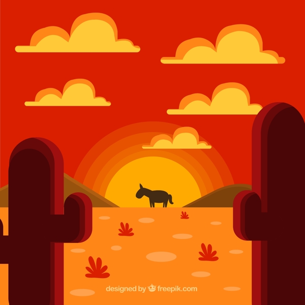 落日下的驴和沙漠
