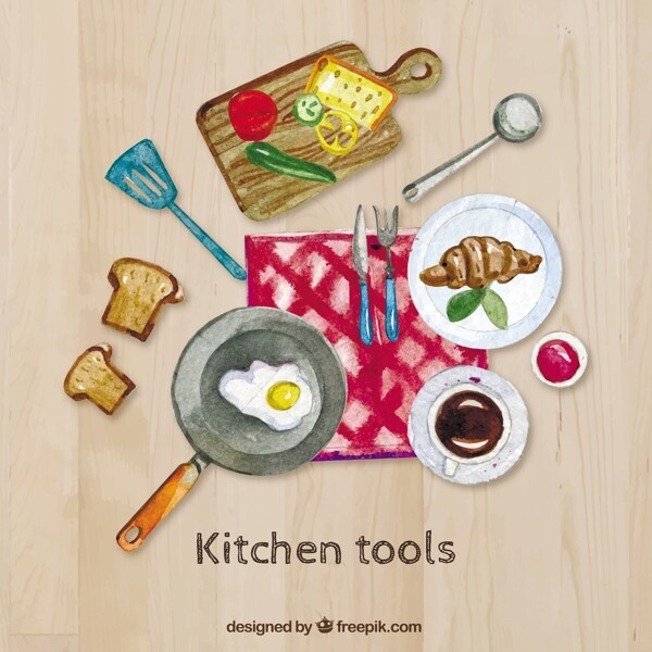 手绘厨房用具和食品