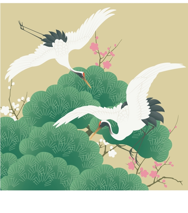 印花矢量圖動(dòng)物鳥(niǎo)類(lèi)仙鶴松樹(shù)免費(fèi)素材