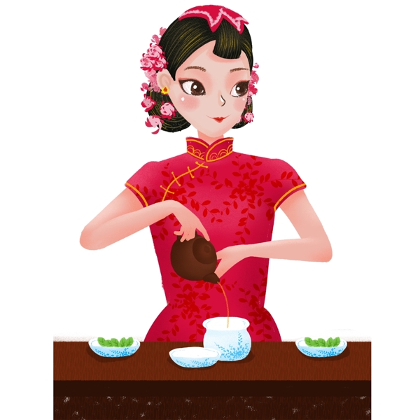 国民风穿旗袍优雅冲茶的女子