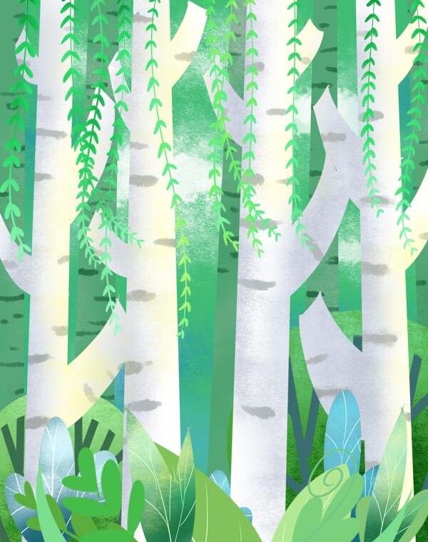 手繪治愈系樹林插畫背景