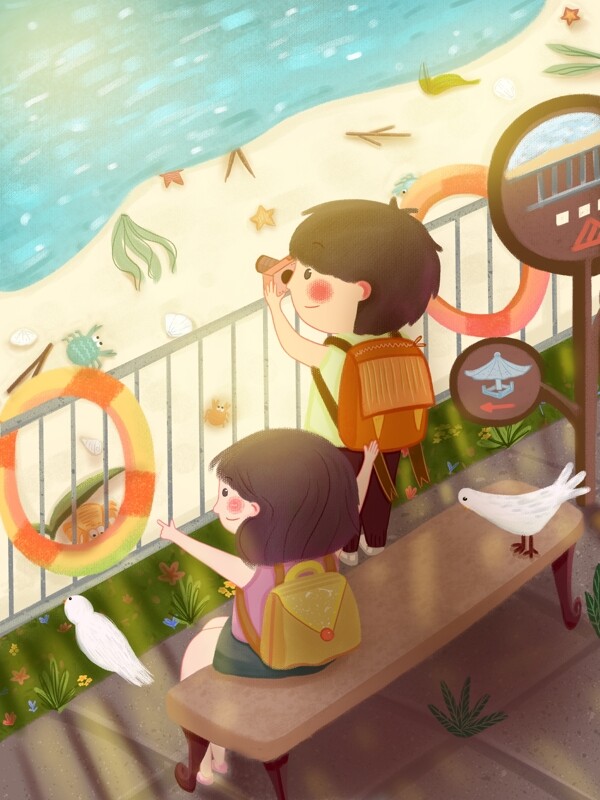 看海旅游生活男孩女孩拍照场景螃蟹书包鸽子